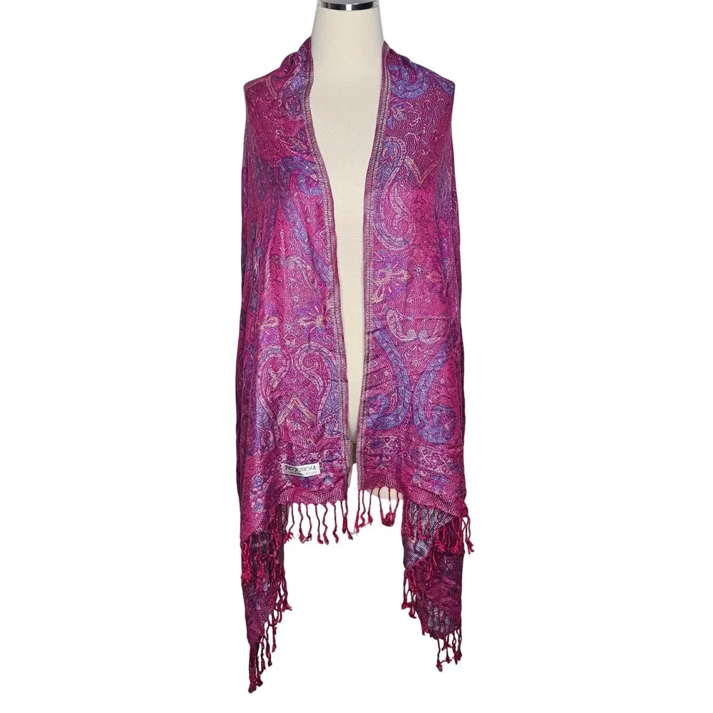 Pashmina Silk Blend Paisley Scarf Magenta Pink Purple Metallic Fringe Wrap